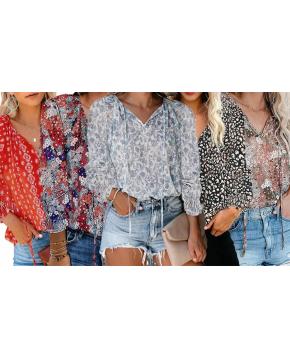 Women's V-Neck Floral Chiffon Blouse