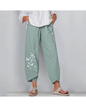 Women's Butterfly Print Cotton Trousers with Elasticated Waist