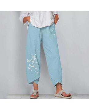 Women's Butterfly Print Cotton Trousers with Elasticated Waist