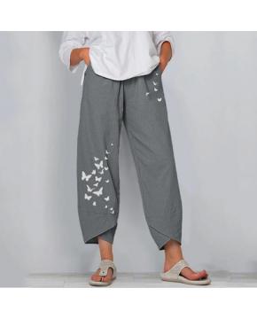 Women's Butterfly Print Cotton Trousers with Elasticated Waist