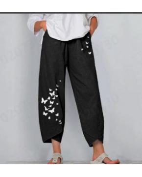 Women's Butterfly Print Cotton Trousers with Elasticated Waist