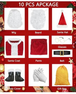 10pcs Deluxe Adults Christmas Santa Costume Suit